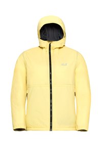 Giacca isolante gialla con interno nero, chiusura zip frontale e polsini elasticizzati. Presenta il logo sul lato sinistro del petto e un cappuccio.
