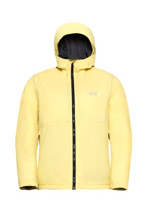 Veste isolée jaune avec un intérieur noir, fermeture éclair à l'avant et poignets élastiques. Présente un logo sur la poitrine gauche et une capuche.