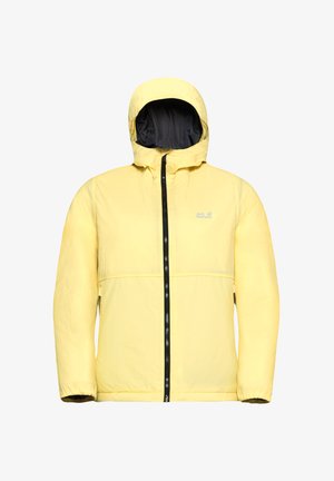 Gelbe isolierte Jacke mit schwarzem Innenfutter, Reißverschluss vorne und elastischen Bündchen. Mit Logo auf der linken Brust und einer Kapuze.
