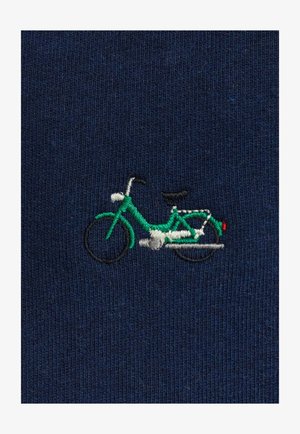 Navy blue fabric featuring a small embroidered bicycle design in green, white, and black threads with a red accent on the rear.