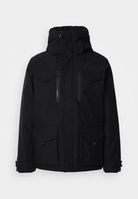 Chaqueta de invierno negra con cuello alto y capucha, dos bolsillos en el pecho con cremalleras y dos grandes bolsillos frontales. Textura suave.