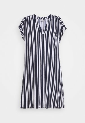 Vestido túnica a rayas azul marino y blancas, confeccionado en tela ligera, con escote en V y mangas cortas. Las rayas son verticales y están espaciadas de forma uniforme.