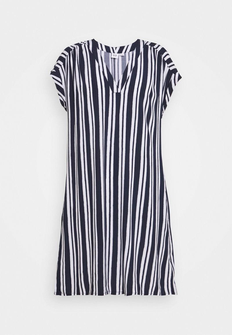 Robe tunique rayée bleu marine et blanc, fabriquée en tissu léger, avec un col en V et des manches courtes. Les rayures sont verticales et uniformément espacées.