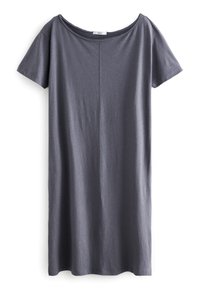 Robe grise à manches courtes en tissu doux, dotée d'un large décolleté et d'une coupe décontractée. Coupe droite sans motifs distincts ni embellissements.