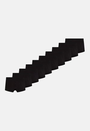 Boxer shorts noirs disposés en rangée, dotés d'un tissu doux, d'une ceinture élastique et d'une coupe classique, ajustée. Ensemble de douze paires.