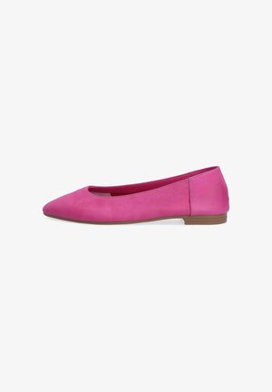 Pink leather ballet flat with a rounded toe, low heel, and smooth texture. Features a simple design and lacks additional embellishments.
