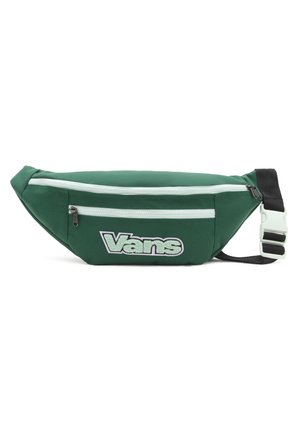 Sac banane vert Vans avec deux compartiments zippés blancs et une sangle noire réglable avec boucle blanche.