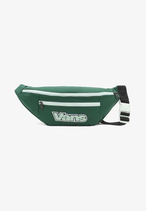 Sac banane vert Vans avec deux compartiments zippés blancs et une sangle noire réglable avec boucle blanche.
