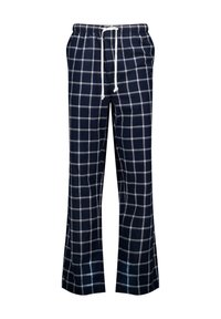 Marineblauwe geruite broek met een wit rasterpatroon, gemaakt van zachte stof, voorzien van een elastische tailleband met een trekkoord. Flared design.