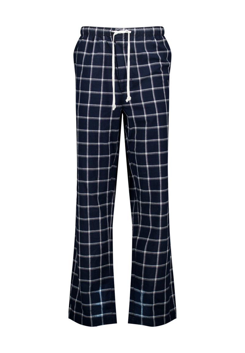 Marineblauwe geruite broek met een wit rasterpatroon, gemaakt van zachte stof, voorzien van een elastische tailleband met een trekkoord. Flared design.