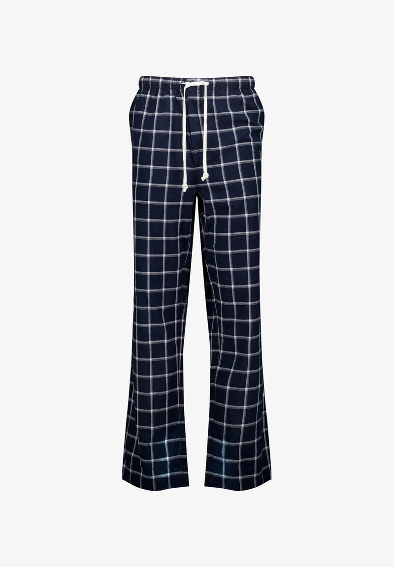 Marineblauwe geruite broek met een wit rasterpatroon, gemaakt van zachte stof, voorzien van een elastische tailleband met een trekkoord. Flared design.