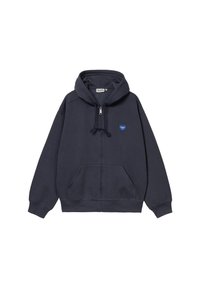 Felpa con zip di colore blu navy, dotata di cappuccio regolabile con cordino, tasche frontali e logo a forma di cuore sul petto. Realizzata in un tessuto morbido con una vestibilità casual.