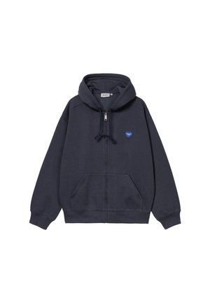 Sudadera de zip navy con capucha ajustable, bolsillos frontales y un logo de corazón en el pecho. Fabricada con tejido suave y un corte casual.