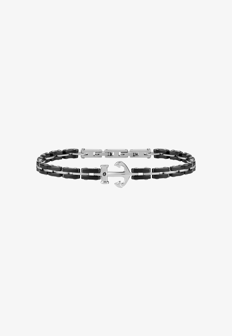 Bracciale nero e argento con intrecci di anelli, dotato di un clasp a forma di ancora in argento e finitura lucida, che mette in evidenza un design geometrico.