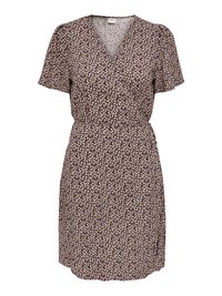 Vestido envolvente de manga curta com um decote em V profundo, padrão floral em roxo e creme, laço ajustável na cintura e um corte descontraído.