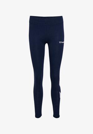 Navyblauwe leggings van rekbare stof met een elastische tailleband. Heeft witte branding aan de voorkant en een wit grafisch ontwerp aan de zijkanten.