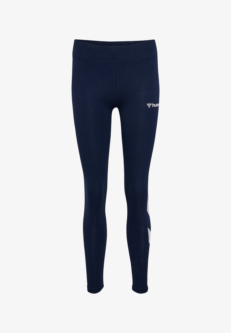 Leggings blu navy in tessuto elasticizzato con cintura elasticizzata. Presentano un logo bianco sul fronte e un design grafico bianco sui lati.