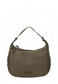 Borsa verde oliva con una texture morbida e liscia. Presenta un design curvo, chiusura con zip e una tracolla singola regolabile.