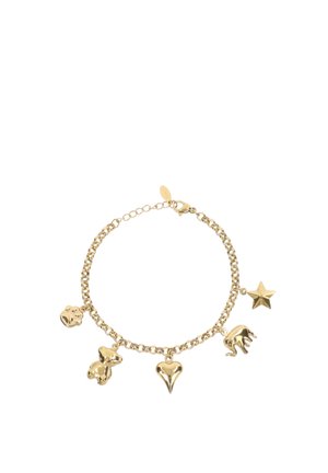Bracciale con catena d'oro e cinque ciondoli: impronta di zampa, orsetto, cuore, elefante e stella, su sfondo bianco.