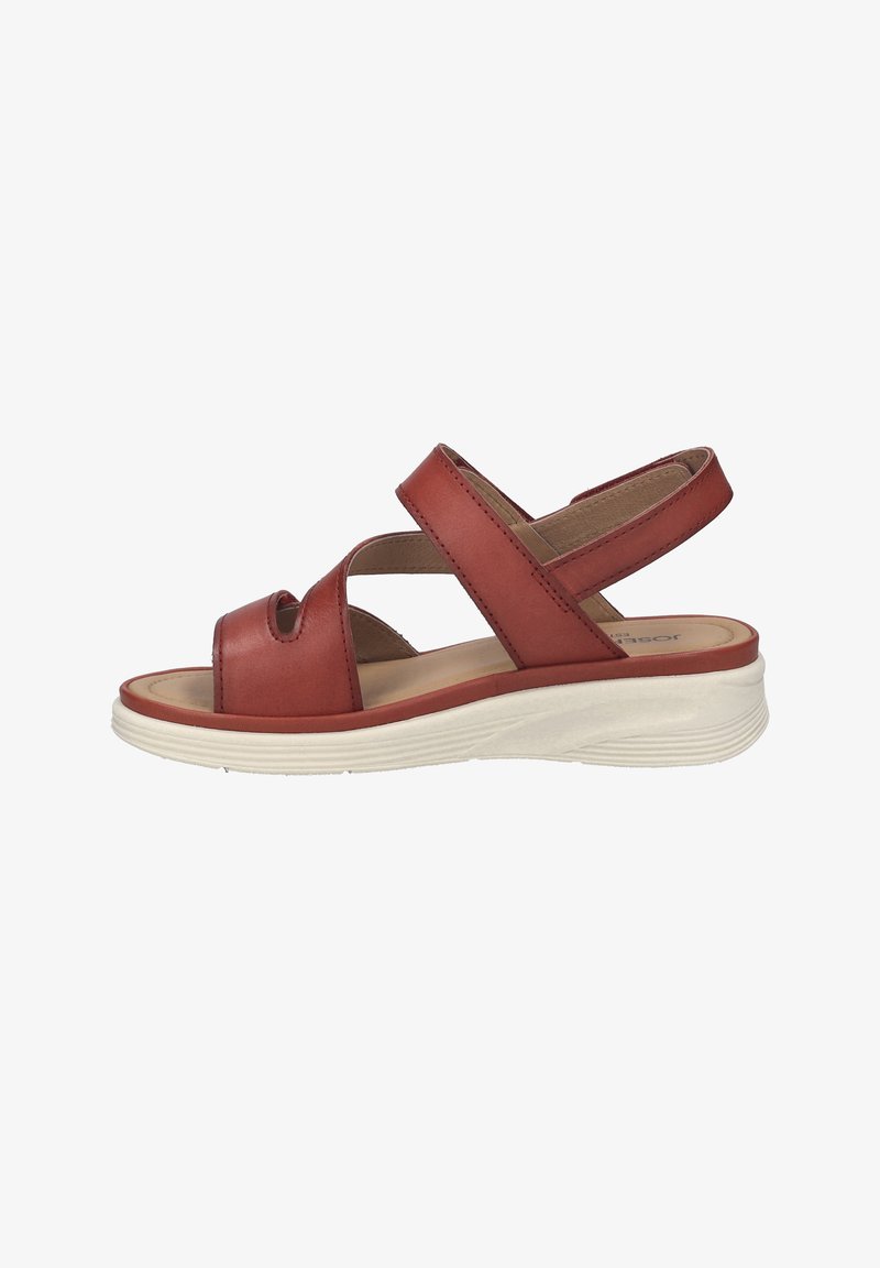 Sandale en cuir marron à bout ouvert avec deux brides, dont une autour de la cheville, semelle intérieure beige coussinée et épaisse semelle blanche.