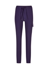 Donkerpaarse slim-fit broek met trekkoord in de taille en een klepzak op de rechterdij, ontworpen voor casual wear.