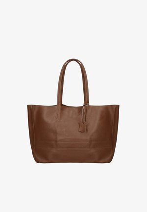 Brown leather tote bag with double handles and small leather tag, unzipped and empty against white background.