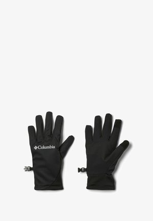 Guanti neri in materiale sintetico, con palmo testurizzato, cinturini regolabili ai polsi e un logo sul retro.