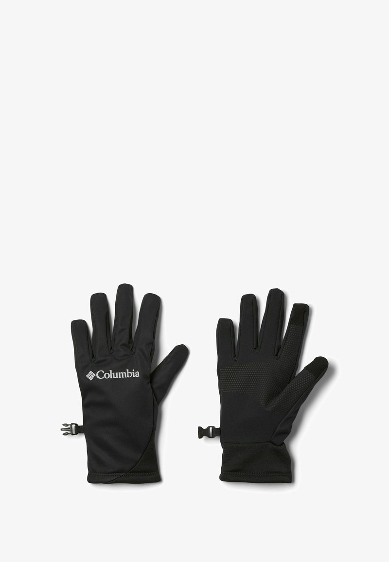 Guanti neri in materiale sintetico, con palmo testurizzato, cinturini regolabili ai polsi e un logo sul retro.