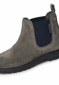 Botín de ante gris con paneles laterales elásticos, una superficie texturizada y suela de goma. Presenta una etiqueta de logo en el talón.