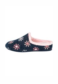 Pantuflas azul marino con forro de peluche rosa. Presentan patrones de flores bordados en rosa, blanco y lavanda. Con talón cerrado, textura suave.