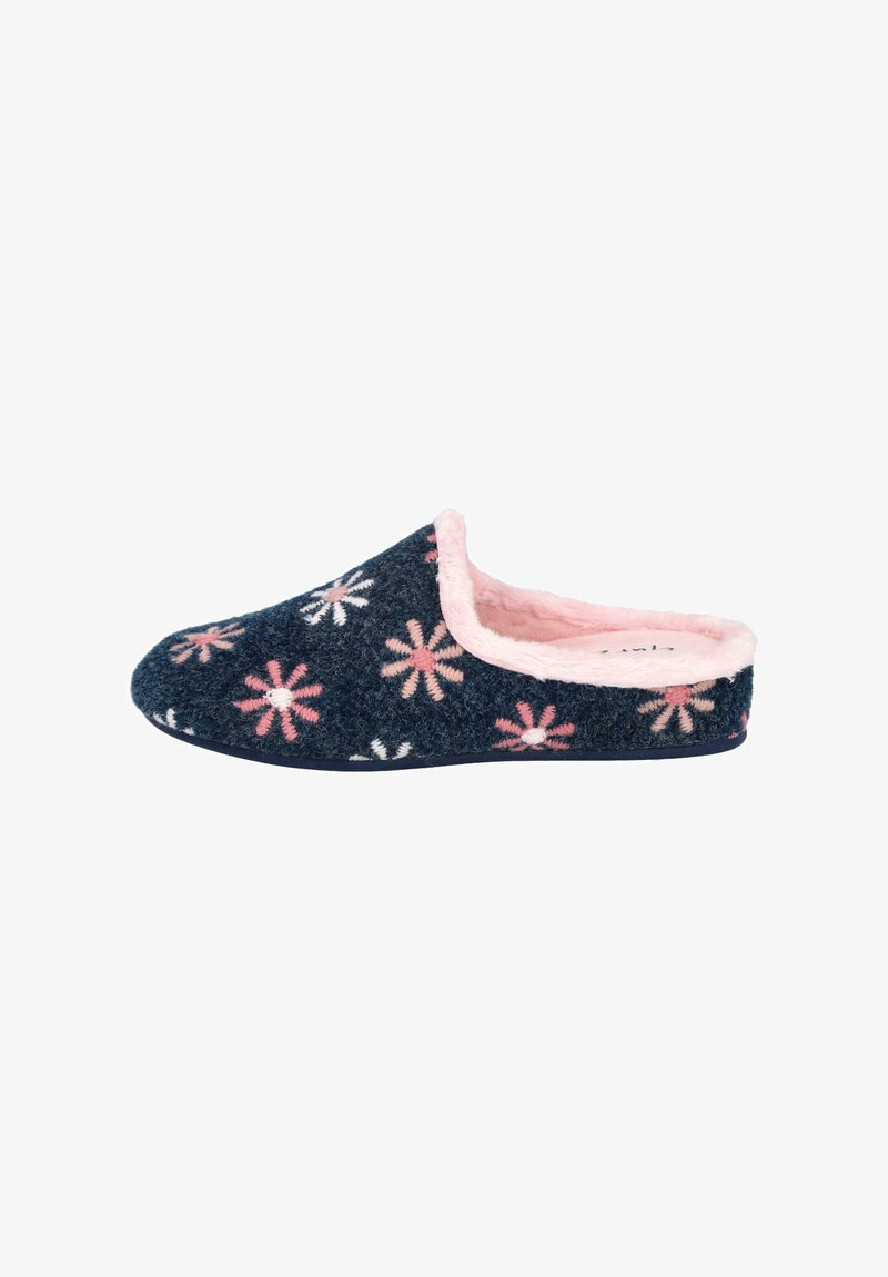 Pantuflas azul marino con forro de peluche rosa. Presentan patrones de flores bordados en rosa, blanco y lavanda. Con talón cerrado, textura suave.