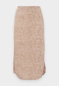 Falda de midi color beige con un patrón abstracto de flores y rayas de cebra, que presenta un dobladillo curvado y una tela suave y ligera.