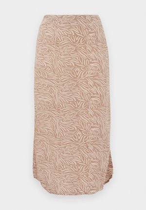 Jupe beige mi-longue avec un motif abstrait de fleurs et de rayures zèbre, dotée d'un ourlet arrondi et d'un tissu doux et léger.