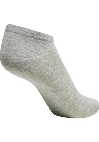 Grå ankelsocka med en slät textur, tillverkad av elastiskt material. Har en ribbad mudd och en formad passform.