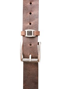 Brown leather watch strap with multiple holes, silver metal buckle, and an engraved rectangular detail. Smooth texture with a rustic finish.