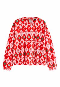 Sweat-shirt à motifs rouges et blancs avec un design en diamant, comportant des nœuds et des ornements. Tissu doux, col ras du cou et taille élastique.