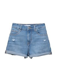 Shorts en denim bleu clair avec revers roulés, bouton à l'avant, fermeture éclair, passants pour ceinture et petites zones usées des deux côtés.