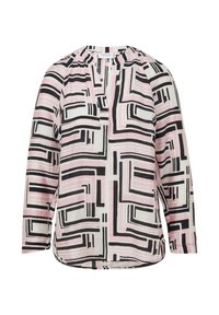 Bluzka z długim rękawem uszyta z lekkiego materiału, z geometrycznym wzorem w kolorze czarnym, różowym i białym. Dekolt z wcięciem z marszczeniem.