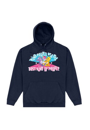 Marineblauer Hoodie mit einer vorderen Kängurutasche und einer Kapuze mit Kordelzug. Mit buntem grafischem Text und drei Cartoon-Tieren.