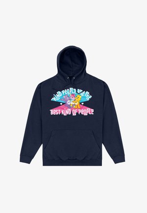 Marineblauer Hoodie mit einer vorderen Kängurutasche und einer Kapuze mit Kordelzug. Mit buntem grafischem Text und drei Cartoon-Tieren.