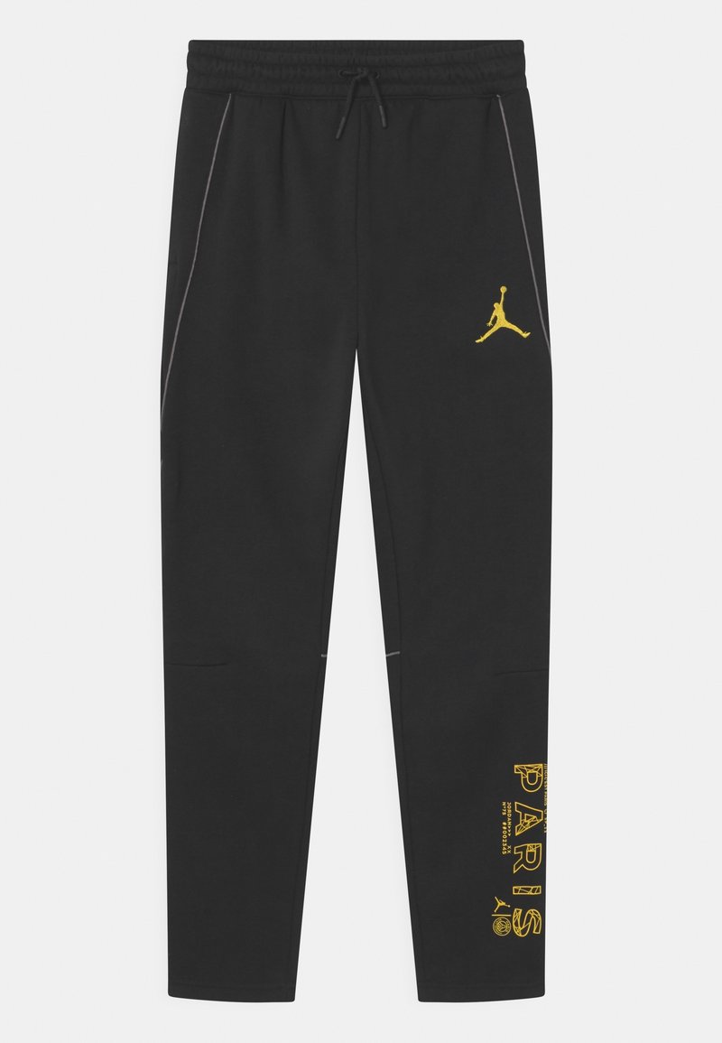Černé joggingové kalhoty s úzkým střihem, s žlutým logem Jumpman a grafikou "PARIS" na dolní části nohy. Obsahují elastický pas a boční kapsy.