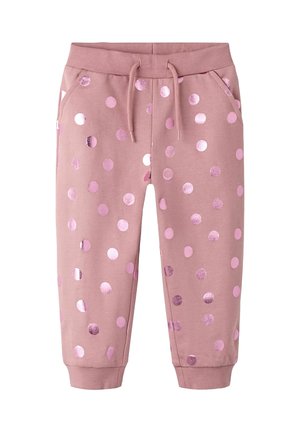Rožnate otroške športne hlače z metalik rožnatimi pikami, elastičnim pasom, vrvico za zavezovanje, stranskimi žepi in rebrastimi manšetami.