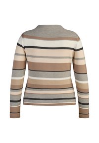 Strickpullover mit horizontalen Streifen in Beige, Braun, Grau und Schwarz. Rundhals und lange Ärmel mit gerippten Bündchen.