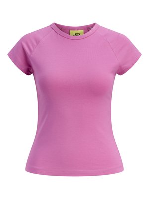 T-shirt corta rosa con scollatura rotonda, maniche corte a raglan e forma aderente. Realizzata in cotone liscio. Etichetta visibile all'interno.