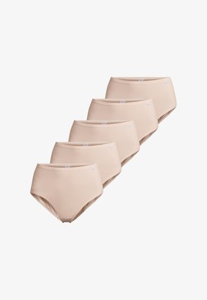Vijf paar hoge, naadloze, beige onderbroeken. Het materiaal is glad met een zachte textuur. Klein merkenlabel op elke onderbroek.