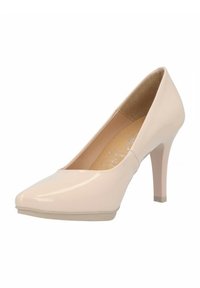 Zapato de tacón alto de charol beige con punta afilada y un tacón estrecho. Textura suave con acentos mínimos y forro interior natural.