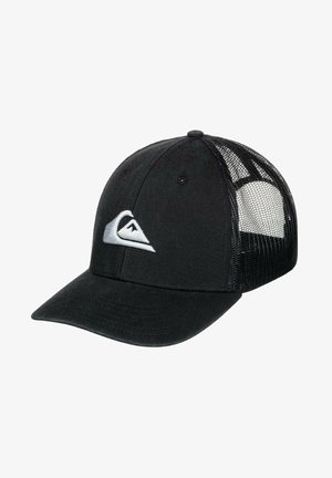 Svart baseballkeps med böjd skärm, tygframsida och meshbak. Har en vit broderad våg- och bergslogotyp.