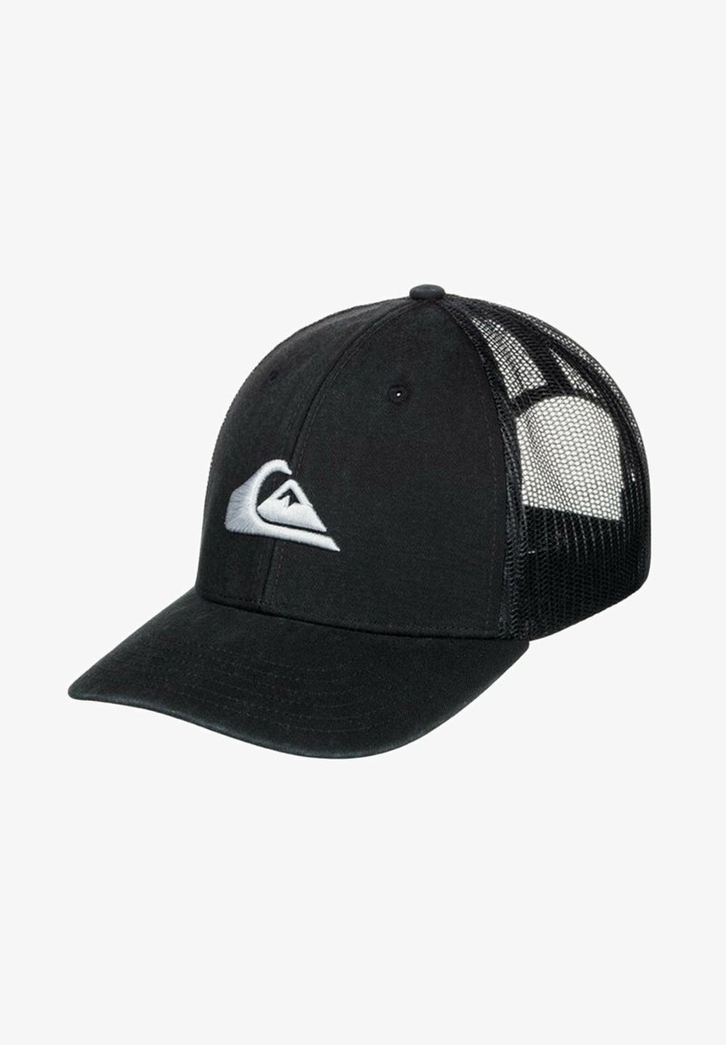 Svart baseballcaps med buet skjerm, stofffront og nettbakside. Har et hvitt brodert bølge- og fjelllogo.
