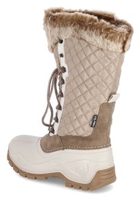 Knöchelhöhe Winterstiefel in Beige und Braun, mit einem gesteppten Obermaterial, Kunstfellbesatz und einer dicken Gummisohle für Trittsicherheit. Schnürung vorne.