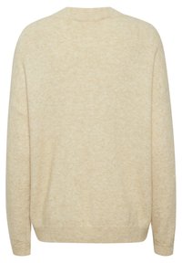 Pull en maille beige à manches longues avec col rond, poignets et ourlet côtelés, présenté de dos sur un fond blanc.